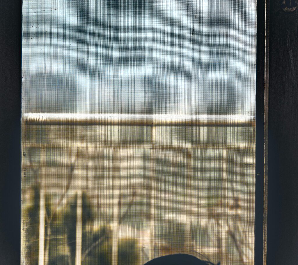 A minimalist view through a mesh screen showing railings outdoors.